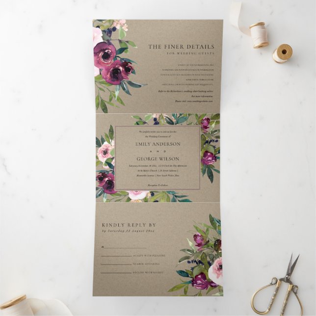 BRIGHT BLUSH BURGUNDY KRAFT FLORAL BUNCH WEDDING Tri-Fold INVITATION (Inside)