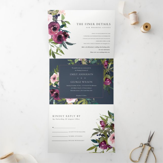 BRIGHT BLUSH BURGUNDY NAVY FLORAL BUNCH WEDDING Tri-Fold INVITATION (Inside)
