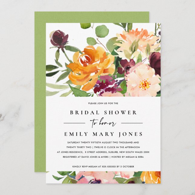 BRIGHT BLUSH YELLOW ORANGE FLORAL BRIDAL SHOWER INVITATION (Front/Back)