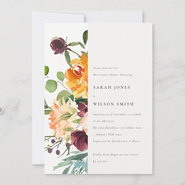 Bright Blush Yellow Orange Floral Couples Shower Invitation (Front)