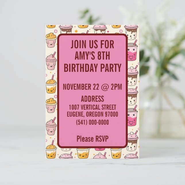 Bright Boba Tea Pattern Invitation (Standing Front)