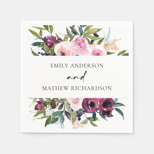 BRIGHT BOHO BLUSH BURGUNDY FLORAL BUNCH WEDDING NAPKIN (Front)