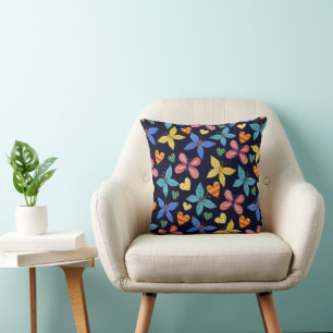 Bright Boho Butterfly Pattern on Navy Blue Cushion