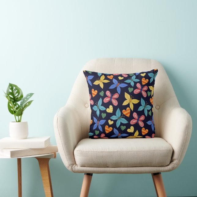 Bright Boho Butterfly Pattern on Navy Blue Cushion (Chair)