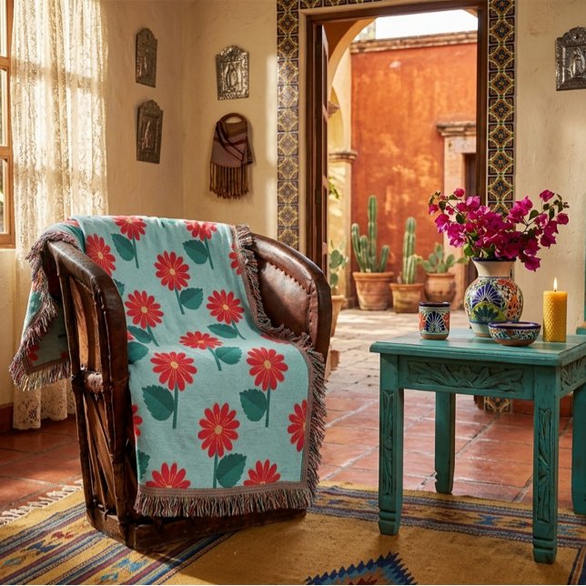 Bright Boho Floral Throw Blanket with Red Daisies (Creator Uploaded)