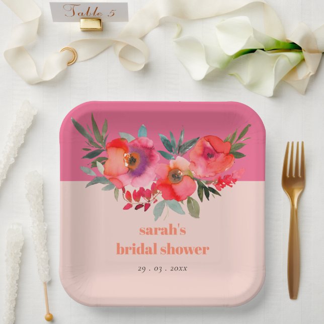 Bright Boho Hot Pink Orange Floral Bridal Shower Paper Plate (Wedding)