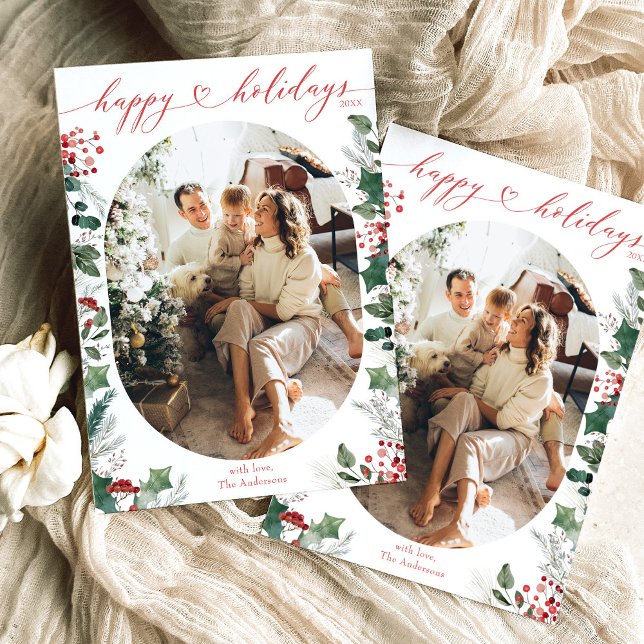 Bright Boho Red Happy Holidays Photo Card (Creator Uploaded)
