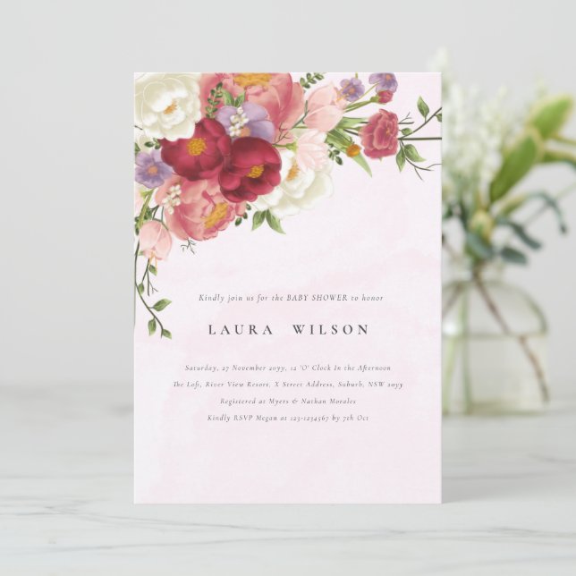 Bright Boho Red Pink white Flowers Baby Shower  Invitation (Standing Front)