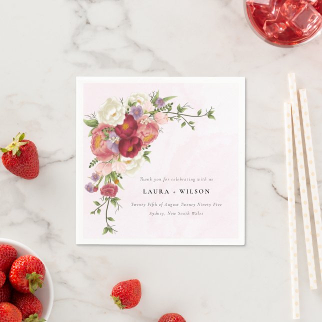 Bright Boho Red Pink white Flowers Wedding Napkin (Insitu)