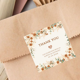 Bright Boho Terracotta Floral Wedding Thank You Square Sticker