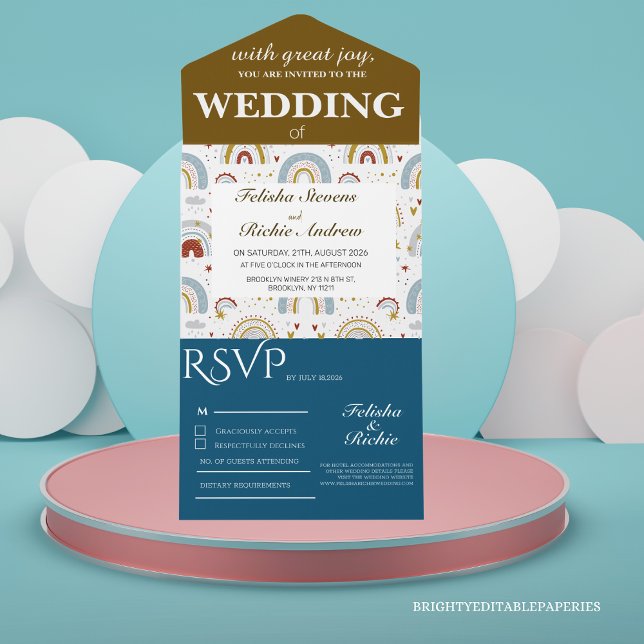 Bright Boho Terracotta Rainbows Wedding  All In One Invitation (Invite your loved ones to celebrate in style with our Bright Boho Terracotta All In One Invitation.)