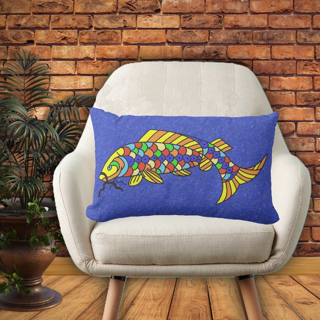 Bright Bold Abstract Colourful Pop Art Fish Outdoor Cushion (Brightly coloured fish with scales in multiple colours on deep vibrant blue home decor pillow.)