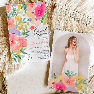 Bright bold boho garden floral graduation invitation