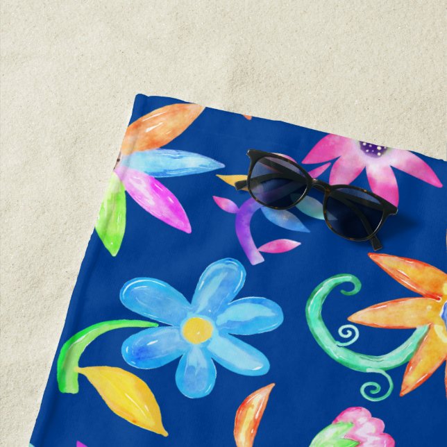Bright Bold Colorful Flower Art Blue Personalised Beach Towel (In Situ)