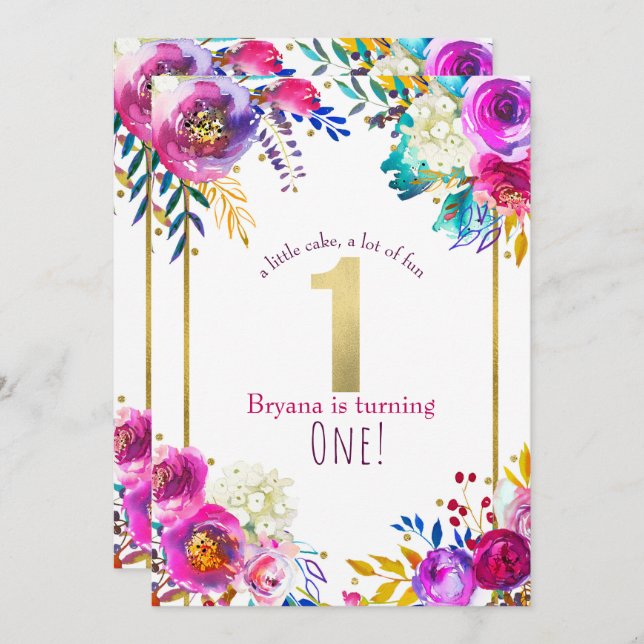 Bright Bold Colourful Floral Modern 1st Birthday Invitation (Front/Back)