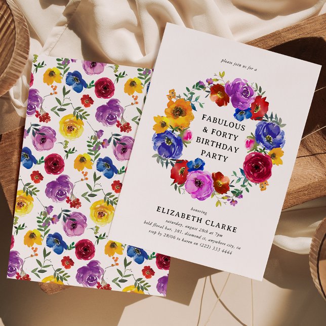 Bright & Bold Floral Wreath 40th Birthday Party Invitation (Creator Uploaded)