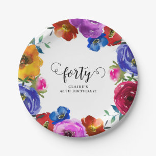Bright & Bold Florals 40th Birthday Paper Plate