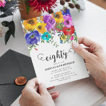 Bright & Bold Florals 80th Birthday Invitation<br><div class="desc">Unveil the joy of turning 80 with our bold and vibrant floral birthday invitations! Artfully penned with calligraphy script and serif fonts, these invitations can be personalised for any age. Hand-painted watercolor blossoms in a bouquet of colours set amidst lush green foliage set the stage for a celebration that won't...</div>