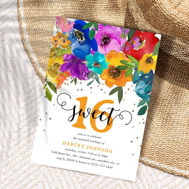 Bright & Bold Florals Sweet Sixteen 16th Birthday Invitation (Creator Uploaded)