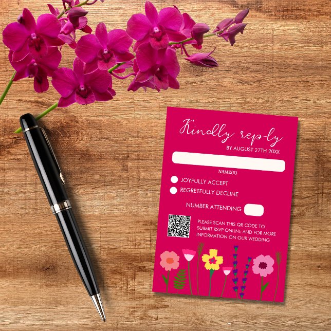 Bright & Bold Fuchsia Pink Floral Wedding QR Code RSVP Card (Creator Uploaded)
