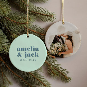 Bright Bold Green and Blue Modern Monogram Wedding Ceramic Ornament