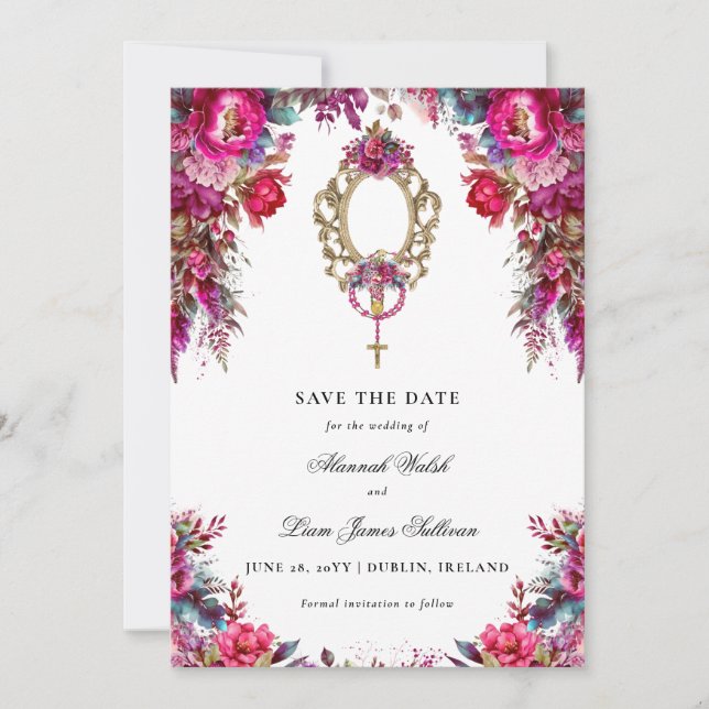 Bright Bold Magenta Floral & Photo Wedding Save The Date (Front)