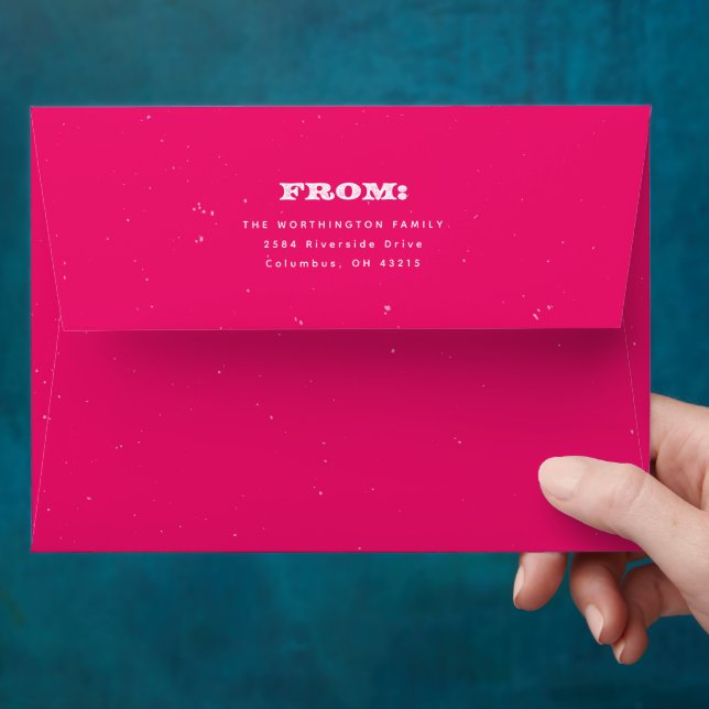 Bright bold magenta speckled return address envelope (Hand)