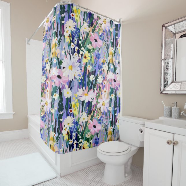Bright Bold Modern Wildflowers Shower Curtain (In Situ)