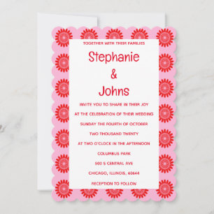 Bright Bold Orange Pink Retro Floral Boho Wedding Invitation