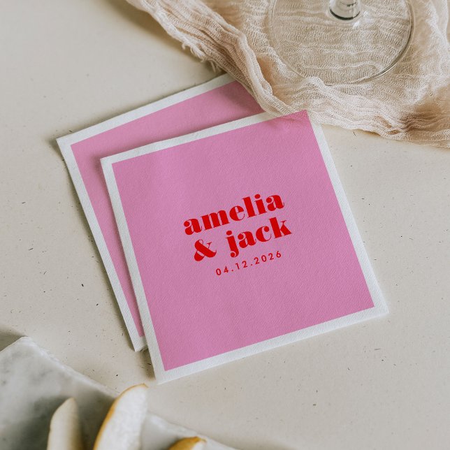 Bright Bold Pink and Red Modern Monogram Wedding Napkin (Bright Bold Pink and Red Modern Monogram Wedding Paper Cocktail Napkins)