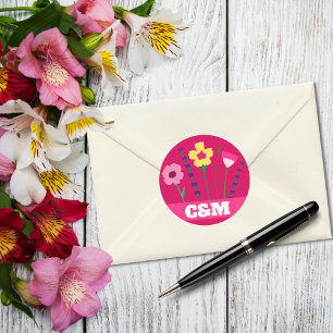 Bright & Bold Pink Colourful Floral Monogram Classic Round Sticker