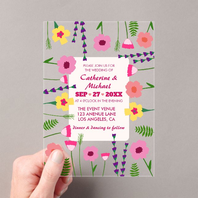 Bright & Bold Pink Colourful Floral Wedding Acrylic Invitations (Insitu (Handheld))
