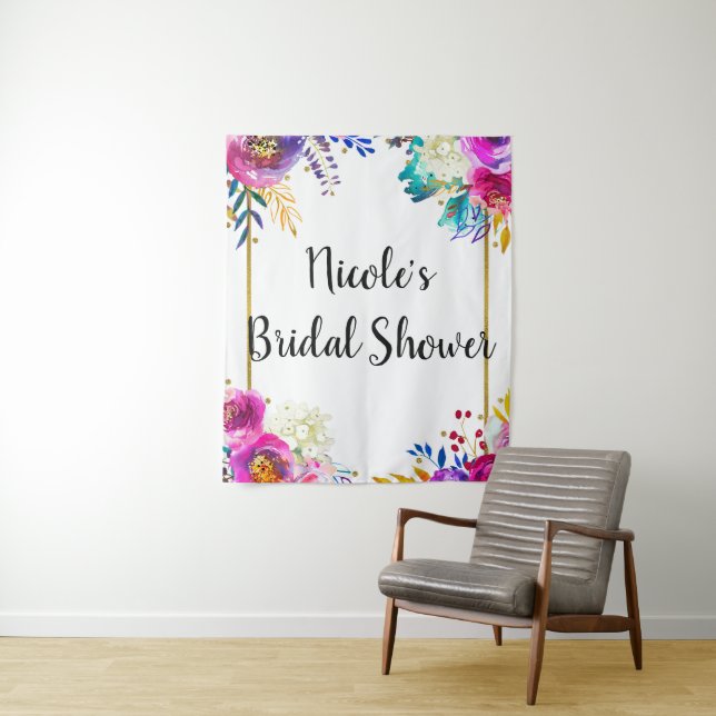 Bright Bold Spring Floral Gold Watercolor Backdrop Tapestry (In Situ)