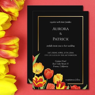 Bright & Bold Tulips Black Spring Floral Wedding Invitation