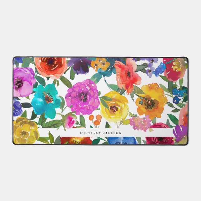 Bright & Bold Watercolor Floral Personalised  Desk Mat (Front)