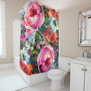 Bright Bold Watercolor Floral Vintage Chic Flowers Shower Curtain