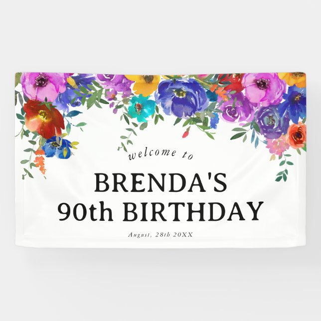 Bright & Bold Watercolor Florals Birthday Banner (Horizontal)