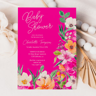 Bright bold wild flowers script baby shower invitation