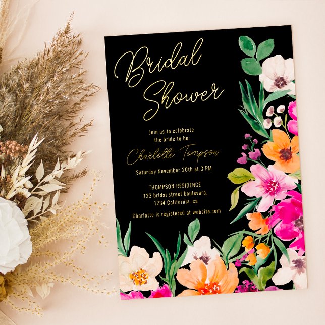 Bright bold wild flowers script bridal shower (Bright bold wild flowers script bridal shower invitation on black real gold foil)