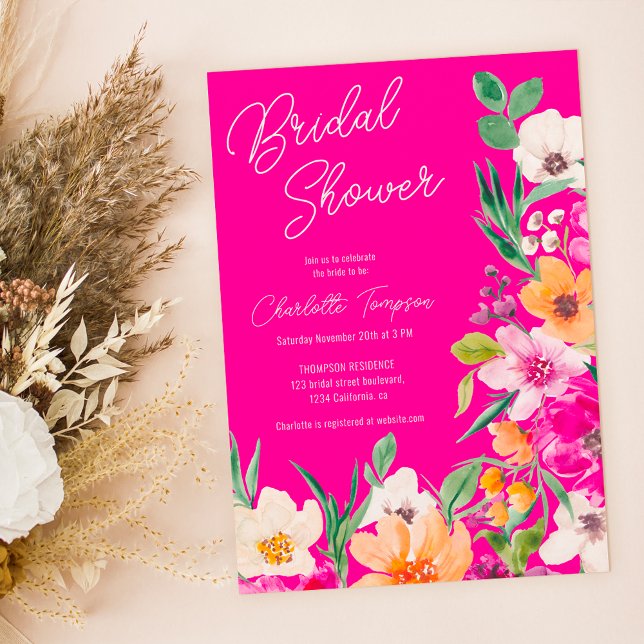 Bright bold wild flowers script bridal shower invitation (Bright bold wild flowers script bridal shower invitation on neon pink)