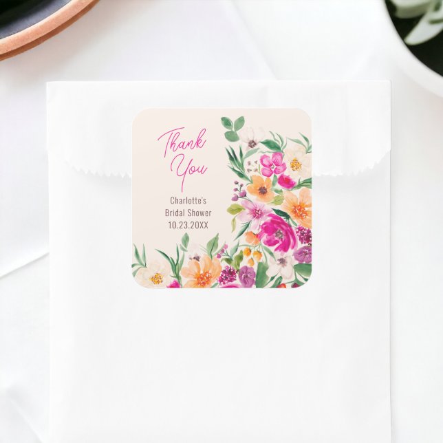 Bright bold wild flowers script bridal shower square sticker (Bright bold wild flowers script bridal shower square sticker on ivory)