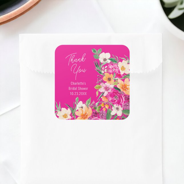 Bright bold wild flowers script bridal shower square sticker (Bright bold wild flowers script bridal shower square sticker on neon pink)