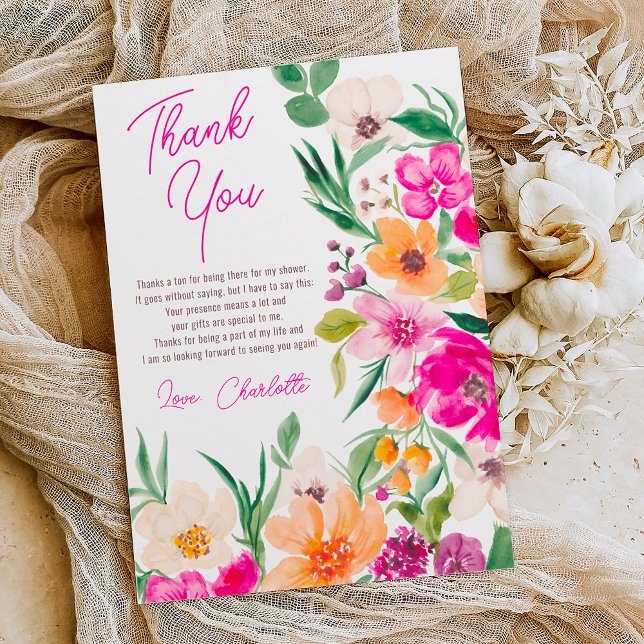 Bright bold wild flowers script bridal shower thank you card (Bright bold wild flowers script bridal shower thank you card on white)