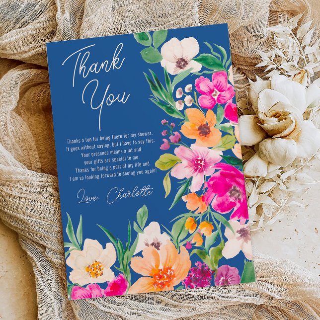 Bright bold wild flowers script bridal shower thank you card (Bright bold wild flowers script bridal shower thank you card on blue)