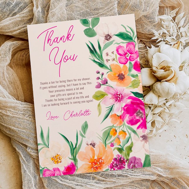 Bright bold wild flowers script bridal shower thank you card (Bright bold wild flowers script bridal shower thank you card on ivory beige)
