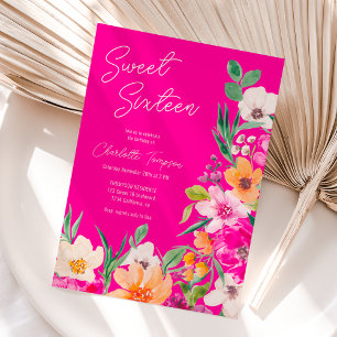 Bright bold wild flowers script Sweet 16 Invitation