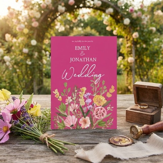 Bright bold wild flowers script wedding invitation (Creator Uploaded)