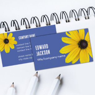 bright boold sunny yellow flower photo on blue business card