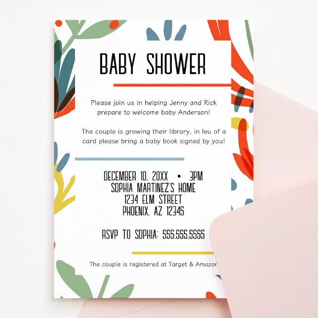 Bright Botanicals Baby Shower Invitation (bright and colorful botanical floral baby shower invitation green, yellow, blue, red flowers)