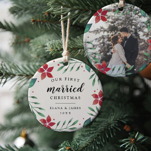 Bright Boughs First Married Christmas Photo Ceramic Ornament